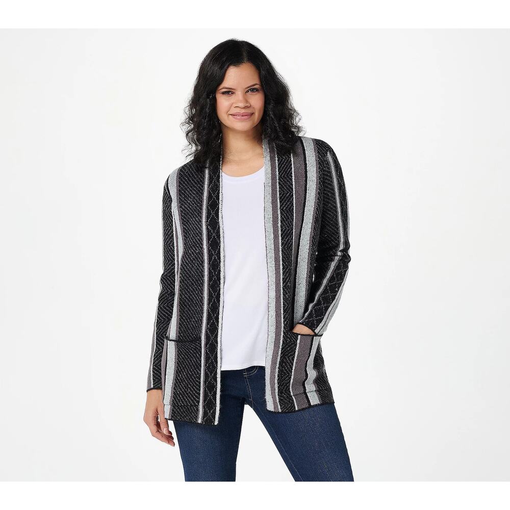 Denim&Co Striped Jacquard Open Front Cardigan Black Size XS New